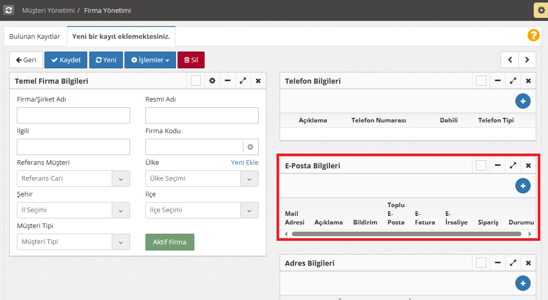 Firma/Kişi kartındaki yeri