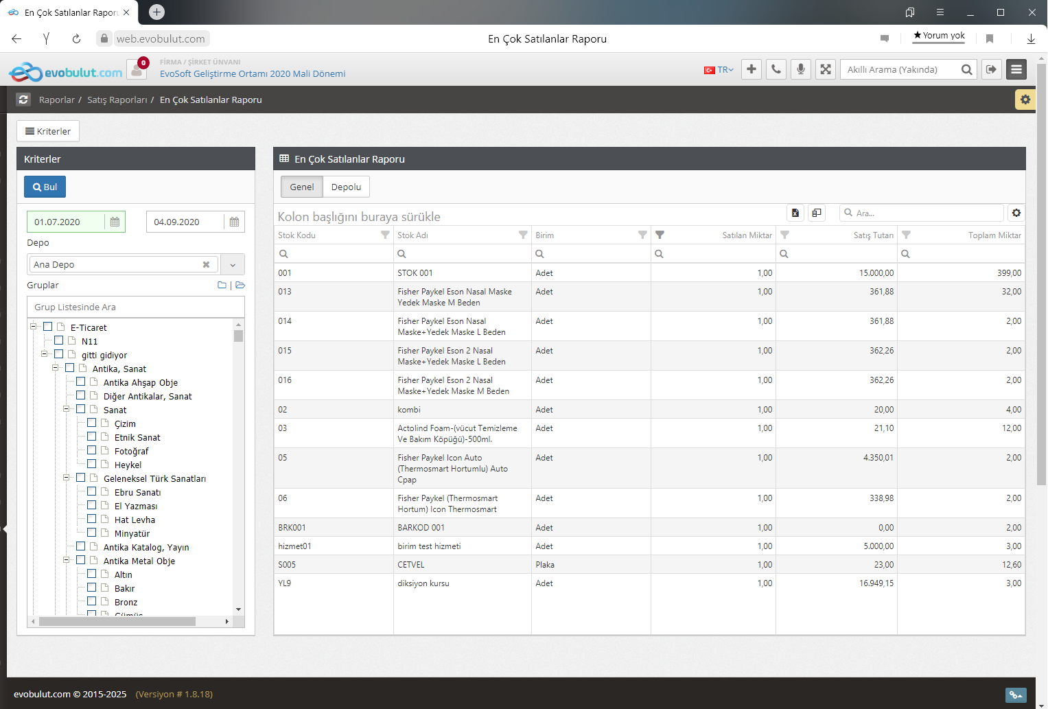En Çok Satılanlar Raporu 
